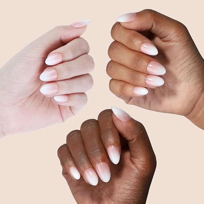 16 size super short almond press on nails for women,32 pcs Ombre petite oval nails with glue and stick ，Ombre