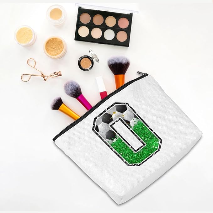 Soccer Gifts Initial Makeup Bag Monogrammed Cosmetic Bag Letter O Zipper Pouch Soccer Accessories for Girls Women Soccers Player Coach Friend Soccers Stuff Graduation Birthday Gifts