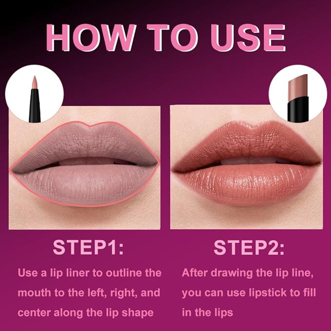 6Pcs 2 in 1 Nude Rose Red Brown Lip Liner and Lipstick Combo Set for Women,Lipstick Stain Lip Liner for Daily & Party Long Lasting Waterproof Smudge Proof 24 Hour Full Coverage Vegan Lip Makeup Kit