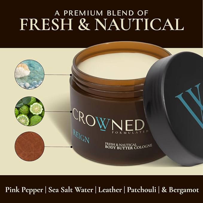Crowned Skin Reign Body Butter Cologne for Men | Fresh & Nautical | Scented with Pink Pepper & Bergamot | Infused with Natural Shea & Mango Butters | Moisturizing with All-Day Fragrance | 4.4oz