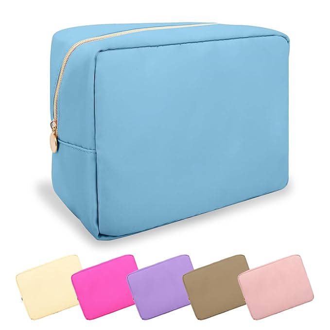 Large Makeup Bag Pouch,Nylon Women Travel Toiletry Storage Bag Preppy Cosmetic Bag for Girls,Big Makeup Organizer Bag Cute Zipper Pouch Skincare Bag for Sport Work Gift(Large-Periwinkle)