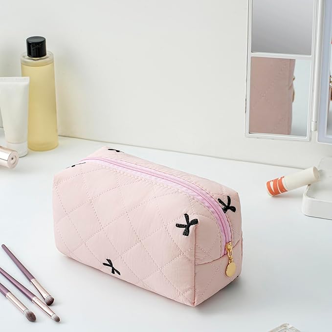 JOVAKIT Square Makeup Bag Cute Cosmetic Bag for Women, Floral Coquette Aesthetic Toiletry Bag, Zipper Make Up Pouch, Travel Make Up Organizer Bag (Pink)