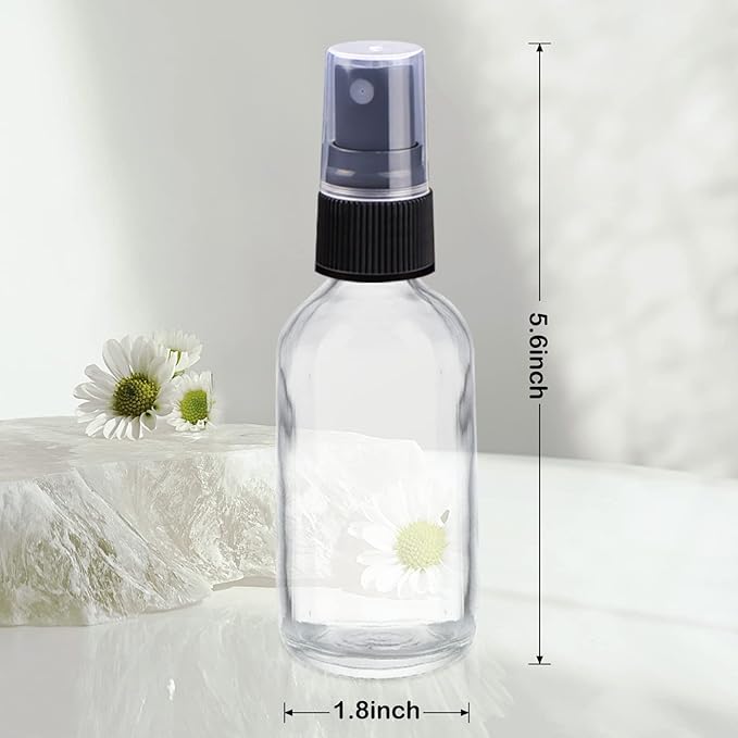 Wedama 4 oz Mini Glass Spray Bottles, Empty Small Spray Bottles with Funnel Dropper, Fine Mist for Hair, Travel, Plants, Cleaning Solutions and Skin Care (4 Pack Clear)