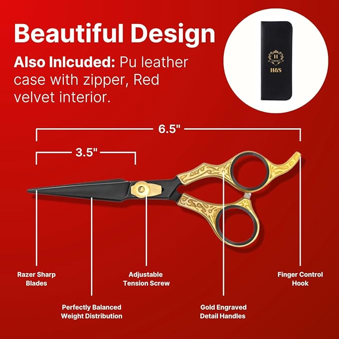 H&S GoldBlack Series Professional Hair Cutting Scissors | Premium Japanese Stainless Steel | 6.5” Hair Shears, Barber Accessories & Hair Salon Supplies | Beard & Moustache Grooming