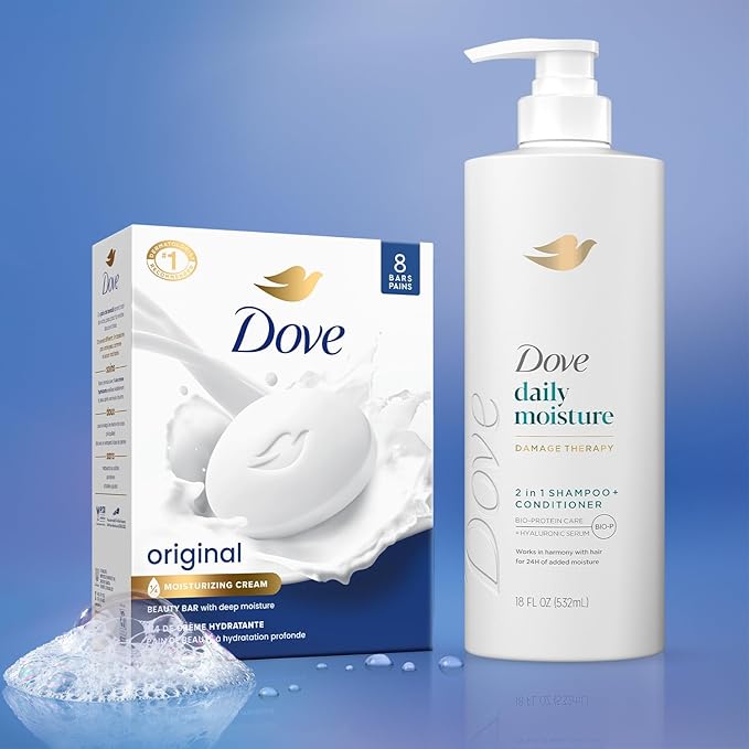 Dove Shampoo & Conditioner 2-in-1 + Dove Beauty Bar Soap 8-Pack – Deep Hydration for Revitalizing Dry Hair and Skin (9-Piece Set)
