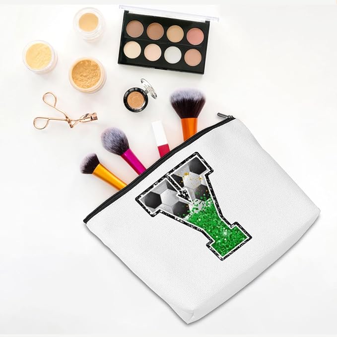 Soccer Gifts Initial Makeup Bag Monogrammed Cosmetic Bag Letter Y Zipper Pouch Soccer Accessories for Girls Women Soccers Player Coach Friend Soccers Stuff Graduation Birthday Gifts