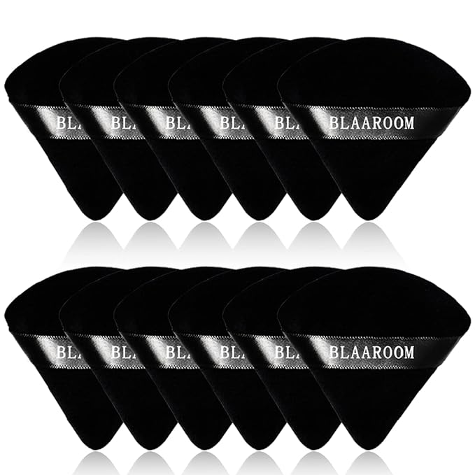 BLAAROOM 12 Pieces Powder Puff Face Makeup Puff, Velour Triangle Powder Puffs for Loose Powder Soft Cosmetic Foundation Sponges Wedge Shape Beauty Makeup Tools - Black