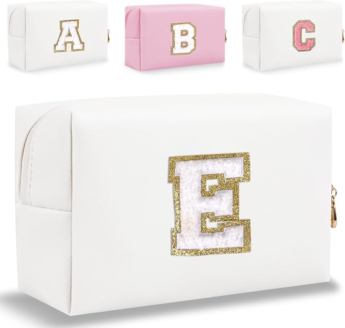 Small Personalized Letter Makeup Bag, Cute PU Leather Chenille Letters Cosmetic Bag Travel Makeup Pouch, Preppy Travel Organizer Zipper Pouch for Women&Girls（White-E）
