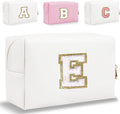 Small Personalized Letter Makeup Bag, Cute PU Leather Chenille Letters Cosmetic Bag Travel Makeup Pouch, Preppy Travel Organizer Zipper Pouch for Women&Girls（White-E）