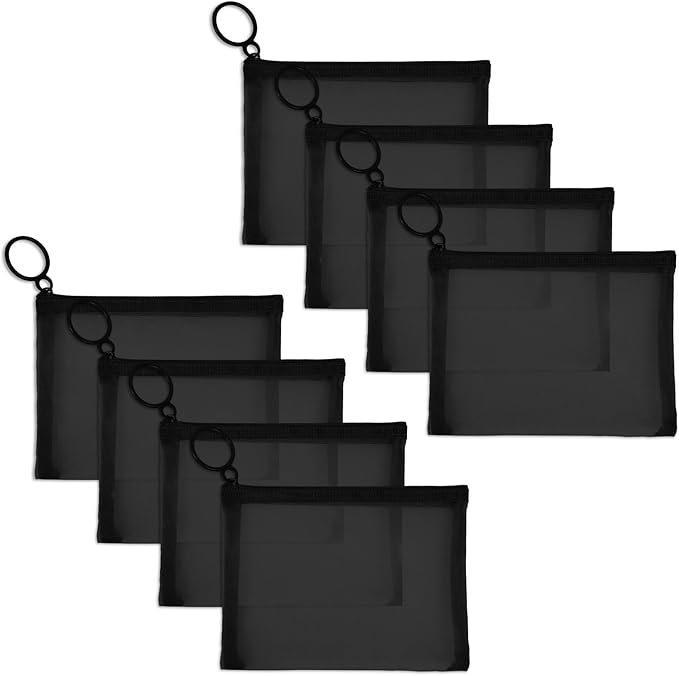 8 Pack Mini Zipper Mesh Makeup Bags, Nylon Cosmetic Bags Toiletry Purse Travel Organizer Bags Inside Bag for Office Travel Organization (Black, XS)