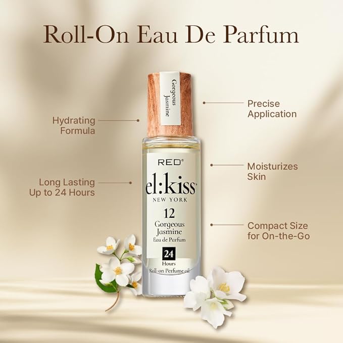 EL:KISS Roll On Perfume, Gorgeous Jasmine Inspired by Guc. Flora Eau de Parfum 12mL (.40 Fl Oz), Hydrating & Long-Lasting, Alcohol-Free & Mineral Oil-Free, Infused With Jojoba, Argan & Coconut Oil