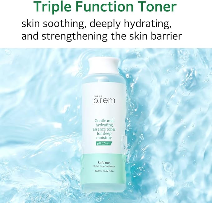 Make P:REM Safe Me. Relief Essence Toner, Quick and Deep Hydrating Face Toner, All Skin Types, 24-Hour Moisturizing, EVE Vegan, Korean Skin Care (13.52 fl oz, 400ml)