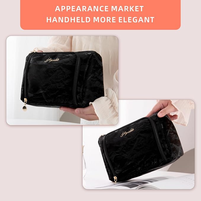 Cosmetic Bag Travel Makeup Bag Large Capacity Small Travel Zipper Pouch Makeup Organizer Bag for Women (Black-2 Pack)