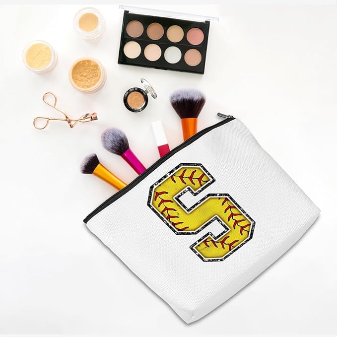 Softball Gifts Initial Monogrammed Cosmetic Bag, Makeup Bag, Travel Organizer, Zipper Pouch, Softball Accessories for Women, Girls, Coach, Friend, Graduation, Birthday Gifts