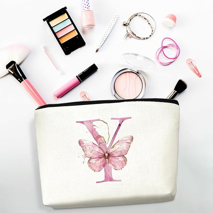 Initial Makeup Bag Pink Butterfly Y Personalized Cosmetic Bag Monogrammed Gifts for Women Girls Aunt Bridesmaid Monogram Zipper Pouch for Friendship Mothers Day Birthday Wedding Bridal Shower Gifts