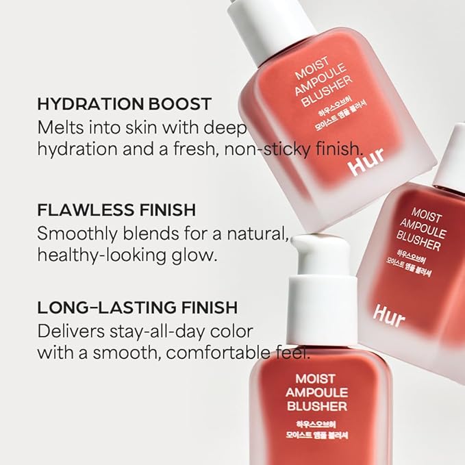 House of Hur Moist Ampoule Blusher with 50% Moisture Essence | Hydrating & Long-Lasting Blush | 0.67 fl.oz (9 Shades) (Peach Coral)