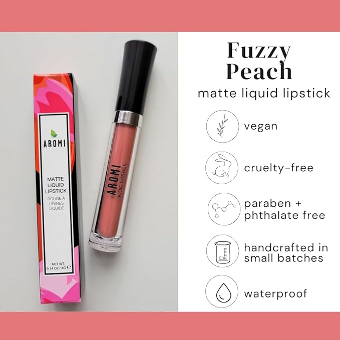 Aromi Peach Matte Liquid Lipstick | Peachy Nude Lip Color, Pink Caramel, Vegan, Cruelty-free, Long-Lasting, Handmade (Fuzzy Peach)