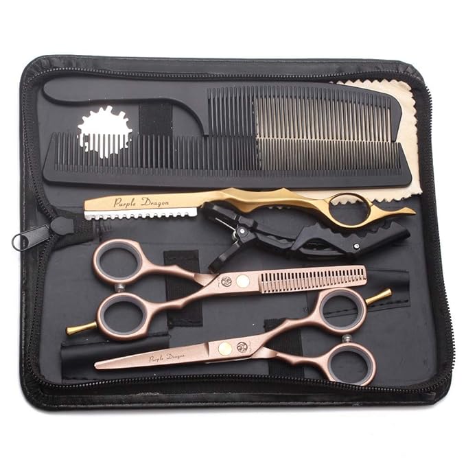 Purple Dragon 5.5 inch Hair Cutting Scissors Set with Razor, Leather Scissors Case, Barber Hair Cutting Shears Hair Thinning/Texturizing Shears for Professional Hairdresser or Home Use (Rose Gold)