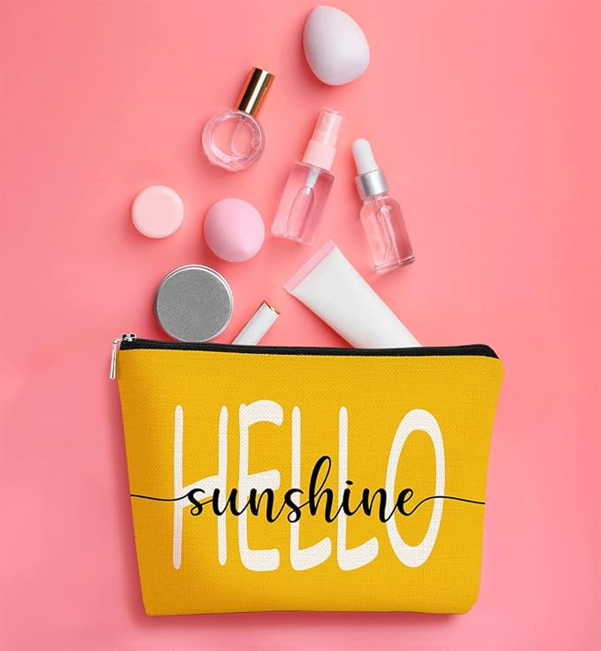 Hello Sunshine Summer Yellow Inspirational Makeup Bag Cosmetic Bag Gift for Teen Girls,Birthday Christmas Gifts for Women Friends Mom Wife Grandma Daughter Teacher Coworker