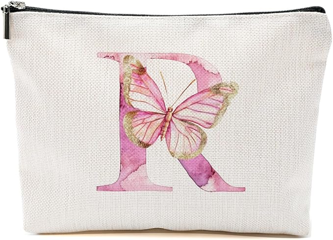 Initial Makeup Bag Pink Butterfly R Personalized Cosmetic Bag Monogrammed Gifts for Women Girls Bride Bridesmaid Monogram Zipper Pouch for Friendship Mothers Day Birthday Wedding Bridal Shower Gifts