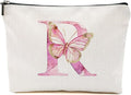 Initial Makeup Bag Pink Butterfly R Personalized Cosmetic Bag Monogrammed Gifts for Women Girls Bride Bridesmaid Monogram Zipper Pouch for Friendship Mothers Day Birthday Wedding Bridal Shower Gifts