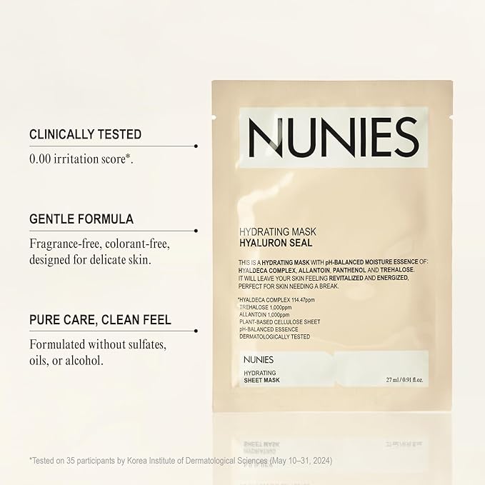 NUNIES Hydrating Sheet Mask – Korean Moisturizing Face Mask for Dry & Sensitive Skin | 10-Layer Hyaluronic Acid, Trehalose & Allantoin | Glow, pH-Balanced | Fragrance-Free, Colorant-Free | 5 Sheets