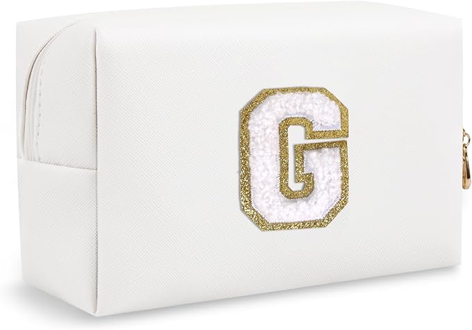 Personalized Initial Preppy Makeup Bag Organizer, Small Travel Cute White Cosmetic Bag Toiletry Zipper Pouch for Women, Portable Waterproof PU Makeup Case for Women Teacher Graduation Gift(Letter G)