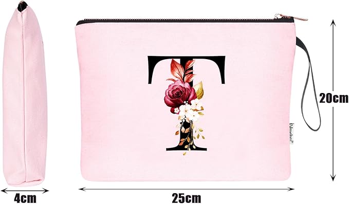 Vavabox A-Z Personalized Makeup Bag, Birthday Gifts for Women Mom, Gifts for Best Friend, Bride Bridesmaid Cosmetic bag (T, Pink)