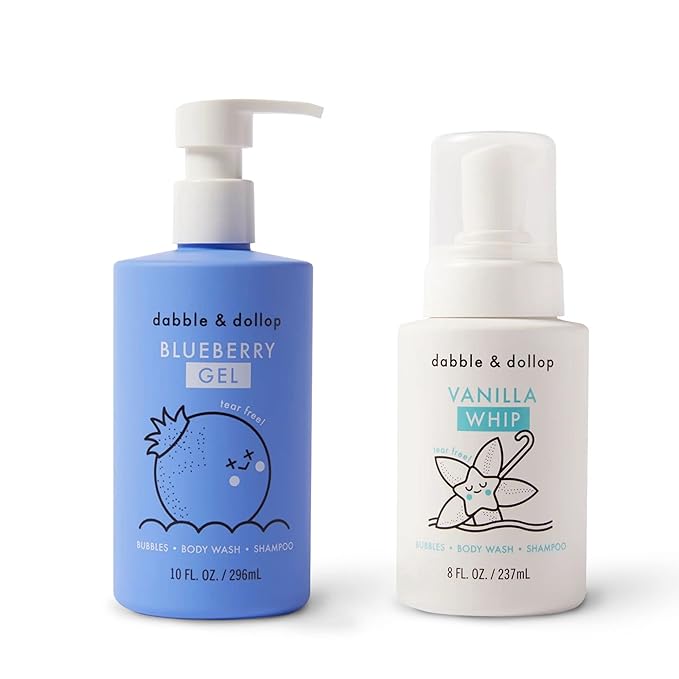 Dabble & Dollop Blueberry + Vanilla Body Wash & Shampoo – 3-in-1 Natural Bubble Bath for Kids, No Parabens or Sulfates, Vegan, Gluten-Free, Tear-Free (2-Pack)