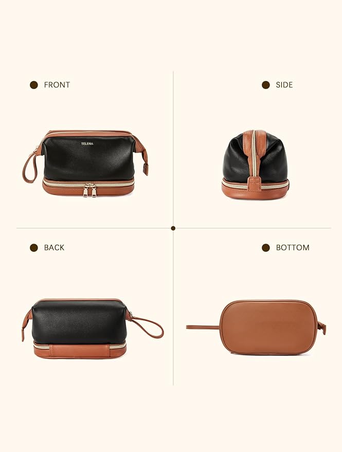 Telena Makeup Bag Large Capacity Travel Cosmetic Bag Portable PU Leather Water Resistant Makeup Organizer Bags for Women with Handle and Divider Open Flat (3-Black with Brown)