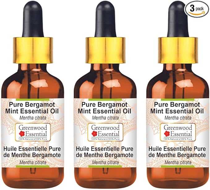 Greenwood Essential Pure Bergamot Mint Essential Oil (Mentha citrata) with Glass Dropper Steam Distilled (Pack of Three) 100ml X 3 (10.1oz)