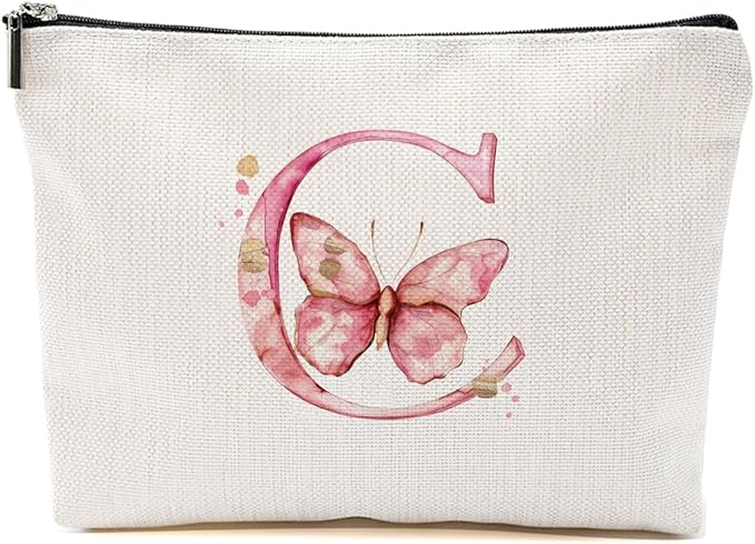 Initial Makeup Bag Pink Butterfly C Personalized Cosmetic Bag Monogrammed Gifts for Women Girls Bride Sisters Monogram Zipper Pouch for Friendship Mothers Day Birthday Wedding Bridal Shower Gifts