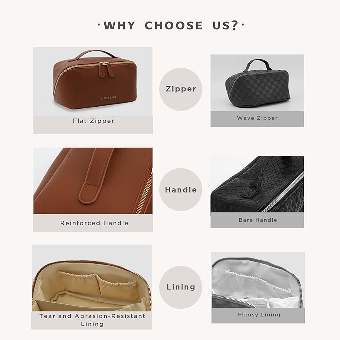Travel Makeup Bag – Large Cosmetic Organizer with Waterproof PU Leather, Smooth Double Zipper & Tear-Resistant Lining, Toiletry Pouch for Women (Brown)