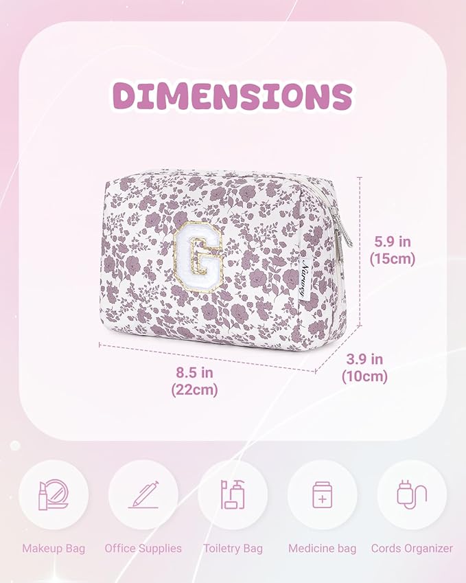 Narwey Birthday Gifts for Teen Girls Kids Women Personalized Initial Floral Makeup Bag Cute Cosmetic Trendy Stuff 6 8 10 11 12 13 14 16 18 Years Old Travel Toiletry Bag (Little Dusty Pink Flower G)
