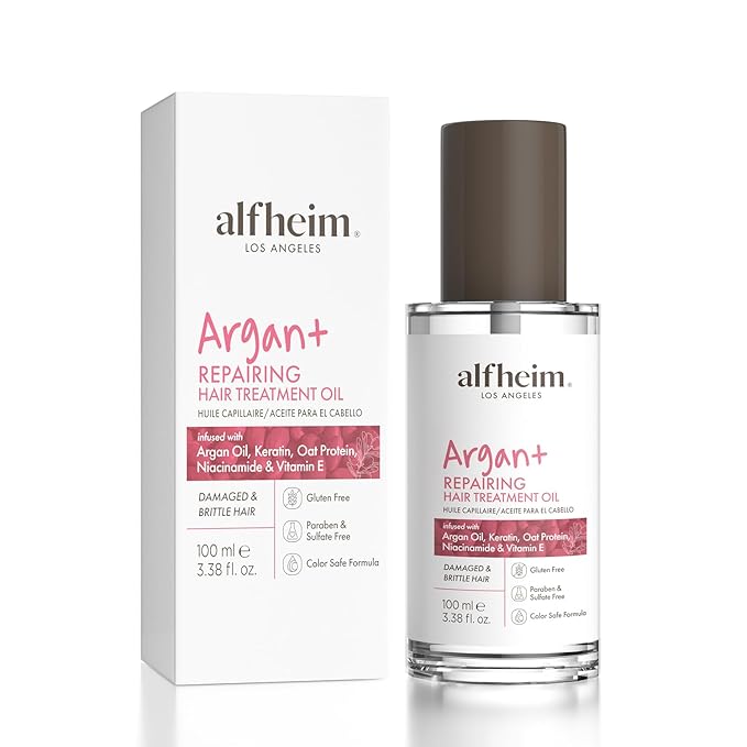 ALFHEIM Argan+ Repairing Hair Oil Serum for Dry, Damaged & Frizzy Hair with Argan Oil, Keratin, Panthenol & Vitamin E – Deep Nourishment, Smoothness & Shine – Non-Greasy, Sulfate Free – 3.38 oz