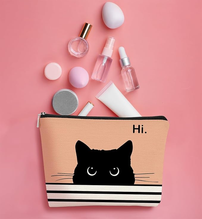 Cute Cat Cosmetic Bag, Black Kitty Gifts for Cat Lovers, Makeup Pouch for Women (Peach-1)