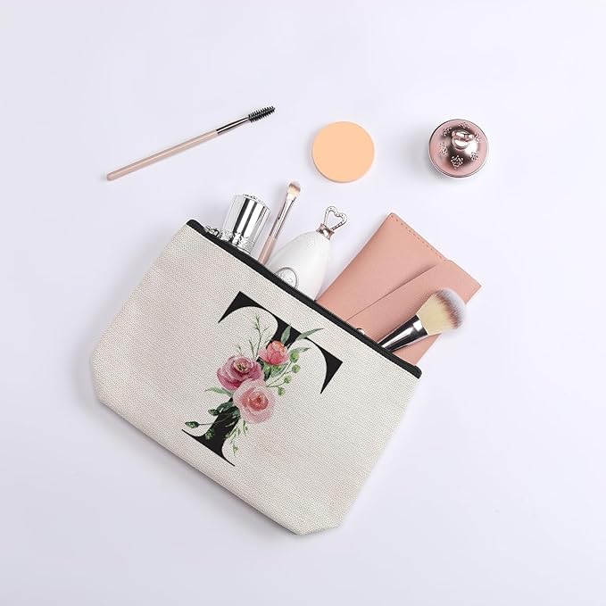 Initial Makeup Bag, Personalized Gifts for Women, Bridesmaid Gifts, Birthday Gifts for Women Mom, Gifts for Best Friend, Bride Bridesmaid Cosmetic bag (Letter T)