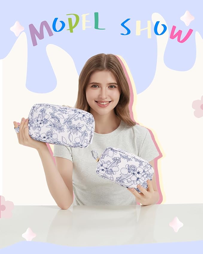 Narwey Cute Makeup Bag Small Toiletry Bag Travel Cosmetic Bag Organizer Make Up Bags with Organized Pockets for Women (Navy Blue Flower, Large)