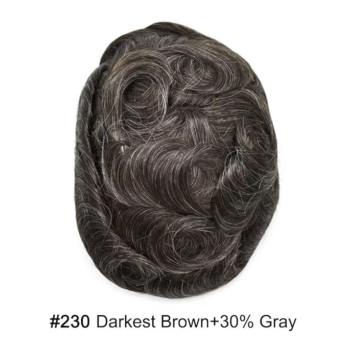 FACE MIRACLE Toupee for Men French Lace Cnter Mens Toupee Human Hair Replacement System Skin PU Hairpiece for Man V-Looped Front Hair Prosthesis 6"X8" #230 2# DARKEST BROWN WITH 30% SYNTHETIC GREY