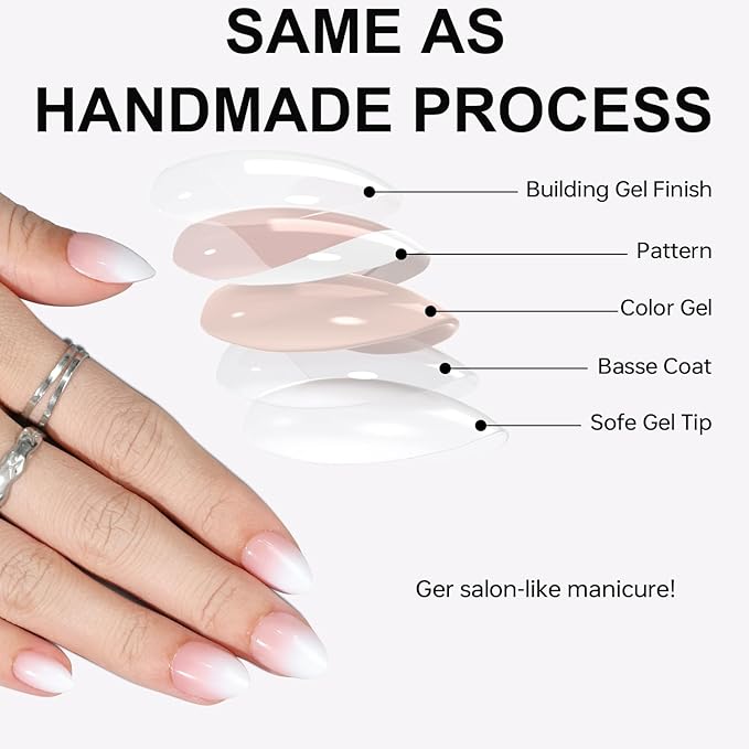 16 size super short almond press on nails for women,32 pcs Ombre petite oval nails with glue and stick ，Ombre
