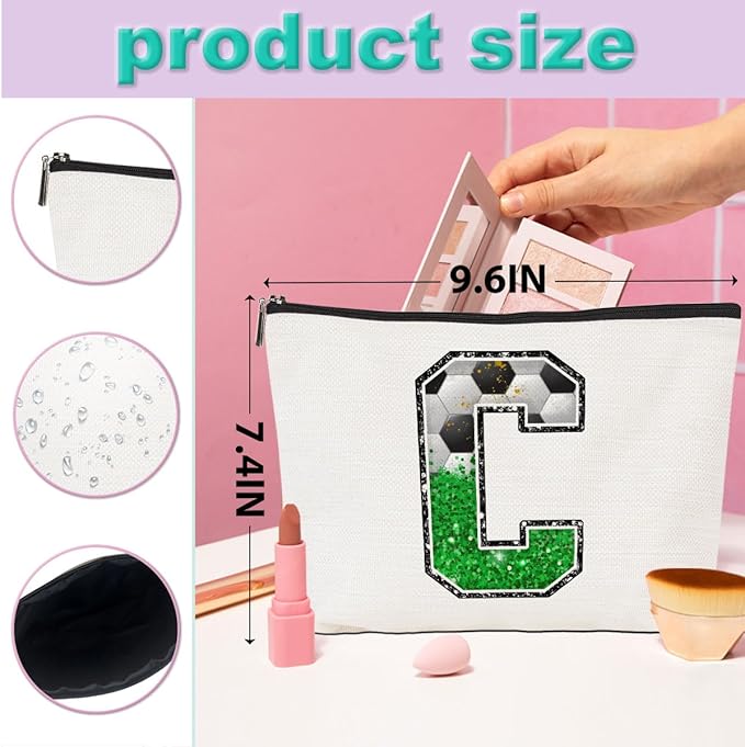 Soccer Gifts Initial Makeup Bag Monogrammed Cosmetic Bag Letter C Zipper Pouch Soccer Accessories for Girls Women Soccer Player Coach Friend Soccer Stuff Graduation Birthday Gifts