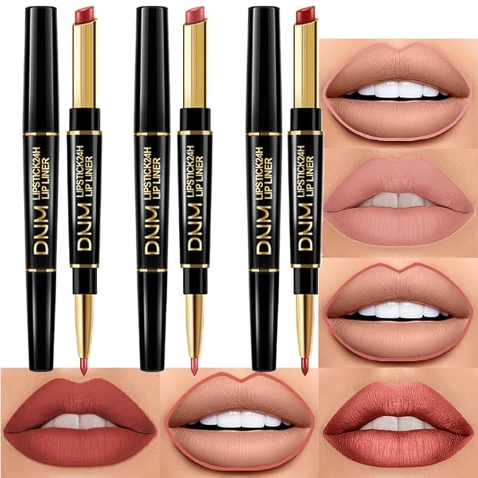 BINGBRUSH 3Pcs Double Ended Light Brown Nude Beige Matte Lip Liner and Lipstick Makeup Combo Set for Women, Rose Gold Lipliner 24 Hours Original Waterproof Long Lasting Lip Stains Pencil Kit Set