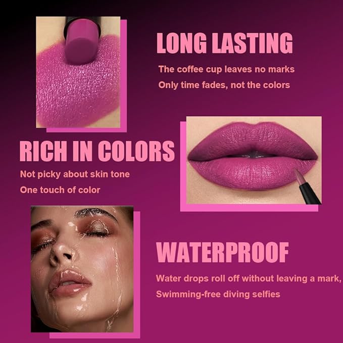 AMY'S DIARY 2Pcs Pink Purple Lipstick and Lip Liner Combo, Lip Liner and Lip Stick Kit for Women, Matte Lip Pencil and Smooth Hydrating Lipstick, Non-Stick Lip Makeup Set (03#Magenta Pink)