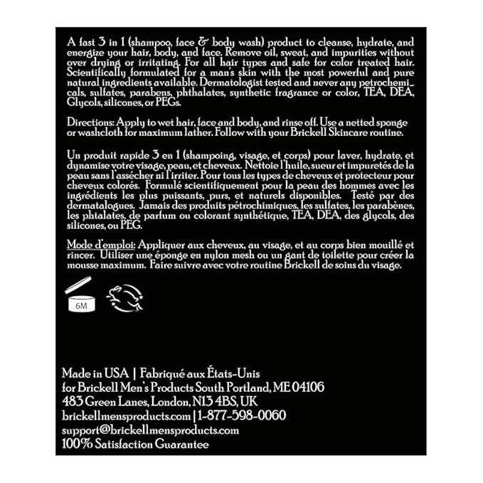 Brickell Men's Rapid Wash, Natural and Organic 3 in 1 Body Wash Gel for Men, 16 Ounce, Fresh Mint Scent
