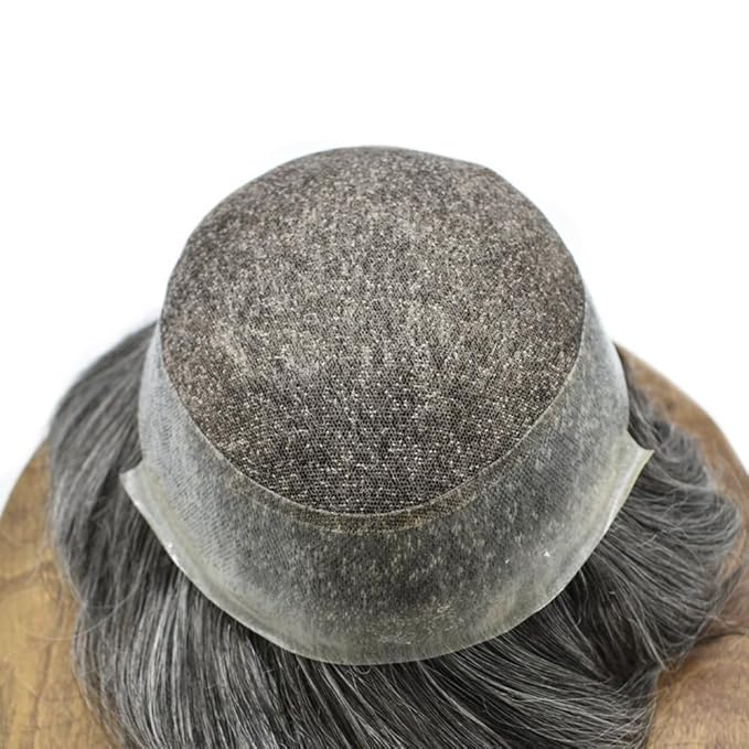 FACE MIRACLE Toupee for Men French Lace Hairpiece Human Hair Replacement System Skin PU Mens Toupee Hair Wigs for Man V-Looped Front Hair Prosthesis 8"X10" #1B50 1B# OFF BLACK WITH 50% SYNTHETIC GREY