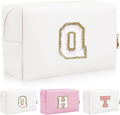 Personalized Initial Letter Patch Makeup Bag, Preppy Portable Chenille Cosmetic Bag with Zipper, PU Leather Waterproof Travel Toiletry Bag Monogram Make Up Pouch for Women Girls