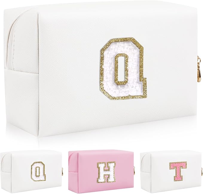 Personalized Initial Letter Patch Makeup Bag, Preppy Portable Chenille Cosmetic Bag with Zipper, PU Leather Waterproof Travel Toiletry Bag Monogram Make Up Pouch for Women Girls