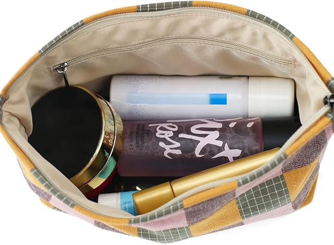 Plaid Cloth Makeup Bag - Large Capacity Travel Cosmetic Pouch & Toiletry Organizer with Zipper, Stylish Make Up Organizer for Daily Use,Gift for Women