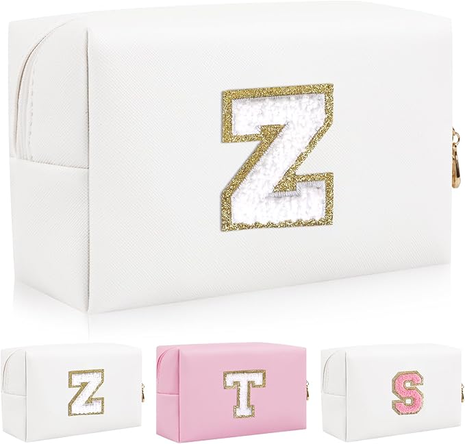 Personalized Initial Letter Patch Makeup Bag, Preppy Portable Chenille Letter Cosmetic Bag with Zipper, PU Leather Waterproof Travel Toiletry Bag Monogram Make Up Pouch for Women Girls(Letter Z)