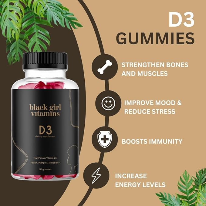 Black Girl Vitamins - Vitamin D3 Gummies, for Immune, Energy, and Bone Support, 2000IU (50mcg) Vitamin D per Serving, Gluten-Free Vitamin D Gummies, 60 Count (2-Pack)